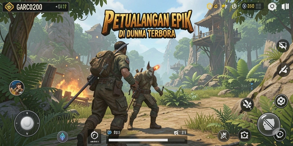 Screenshot GARCO200 menampilkan pemain yang menjelajahi hutan lebat dengan karakter utama.