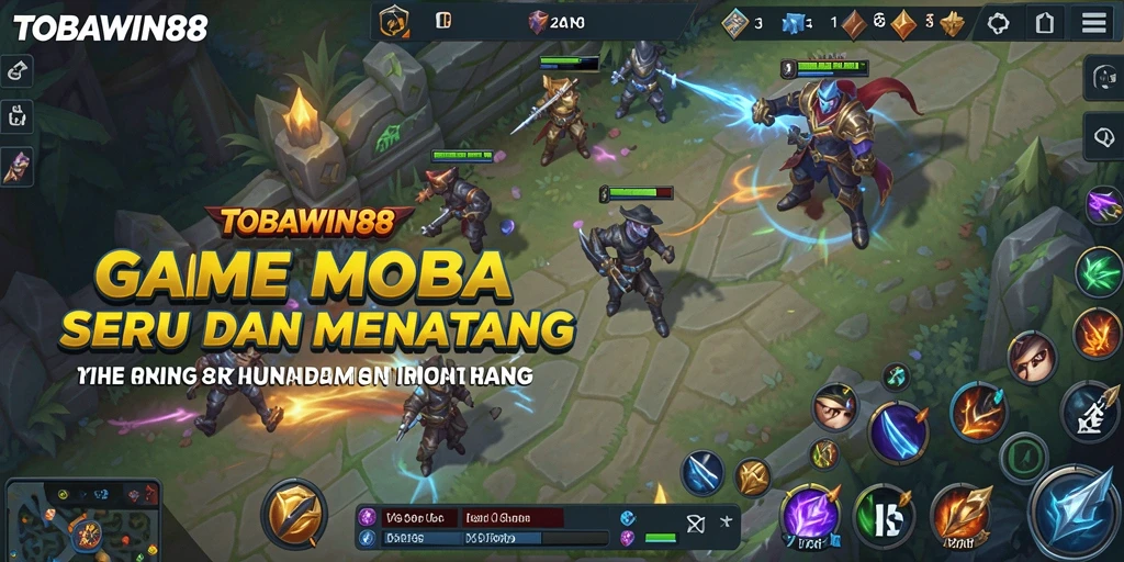 Menggambarkan pertarungan seru dalam TOBAWIN88 antara dua tim MOBA.