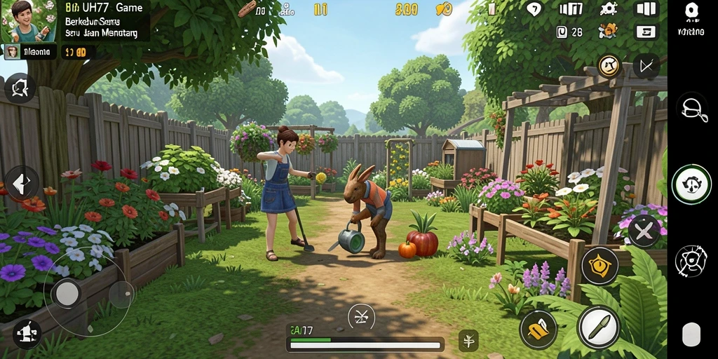 Gameplay UH77 yang menarik, menunjukkan aktivitas berkebun yang seru.